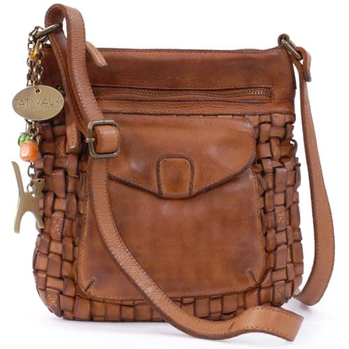 Image of Catwalk Collection Handbags - Women's Crossbody Bag - Small Shoulder Bag - Washed Vintage Leather - Adjustable Strap - Simona - Tan