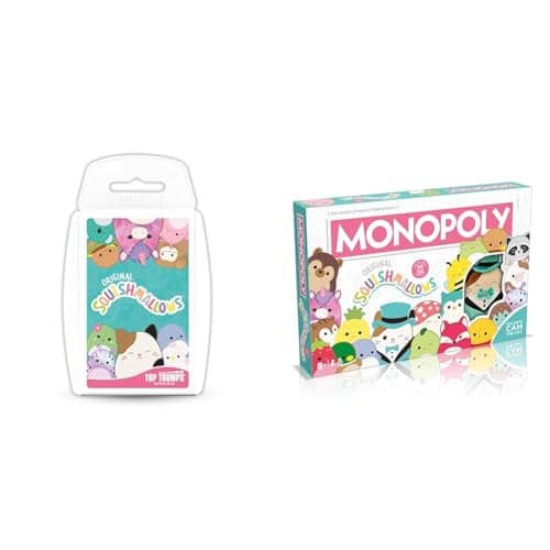 Image of Top Trumps Squishmallows Monopoly Board Collectors Edition with exclusive 4 inch Cam the Cat plush Card Game, Play with Fifi the Fox and Brock Bulldog, gift for ages 6 plus