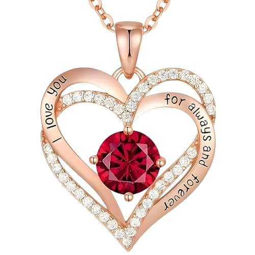 Image of Rose Gold Heart Pendant Necklace for Women with Red Crystal | Sparkling Cubic Zirconia Double Heart Necklace | Romantic Jewellery Gift for Her, I Love You Forever B23 (WITHOUT BOX)