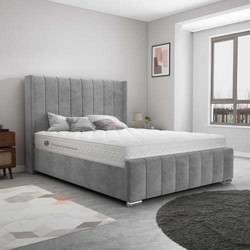 Image of PioneerfurnitureUK Ottoman Storage Bed Gas Lift, Grey Plush Velvet Upholstered Bed Frame - 4ft6 double bed frame, grey ottoman bed king size ottoman bed frame
