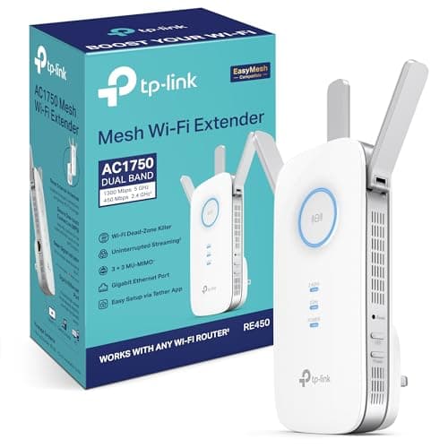 Image of TP-Link RE450 AC1750Mbps Dual-Band WiFi Extender Booster, Simultaneous 450Mbps on 2.4GHz + 1300Mbps on 5GHz, Range Extender Hotspot with 1 Gigabit Port and 3 External Antennas, Access Point Mode