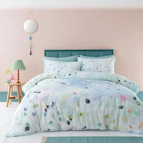 Image of Appletree - Duck Egg Spring Duvet Cover - Super King Bedding Size (260 x 220cm) - Soft 100% Cotton - 2 Pillowcases - Contemporary Floral Duvet Cover in Blue - Blue Bedding