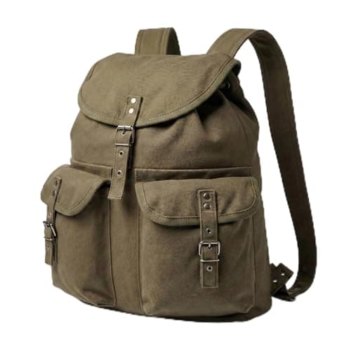 Image of Canvas Backpack Vintage Army Style Rucksack School Gym Bag Camping Hiking Travel Sack Unisex Punk Fashion Daypack - Olive