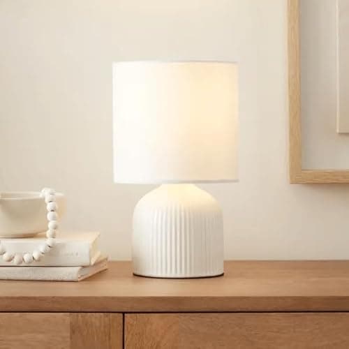 Image of New Ribbed Ceramic Table Lamp – Modern Fabric Shade – E14 SES Fitting – Inline Switch – 4W Max – Compact Bedside or Desk Light M-01 (White)