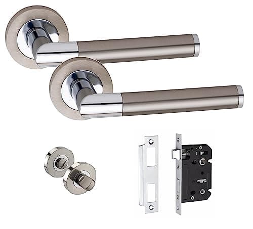 Image of Golden Grace Mitred Design Bathroom WC Toilet Door Handles Set on Round Rose in Satin Nickel Polished Chrome Finish with 64mm Bathroom Mortise Lock & Thumbturn