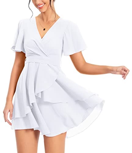Image of PCEAIIH Women's Cocktail Dresses Short Sleeve Empire Skater Dress Deep V-Neck Waist Tie Ruffle Mini Swing Dresses XL White