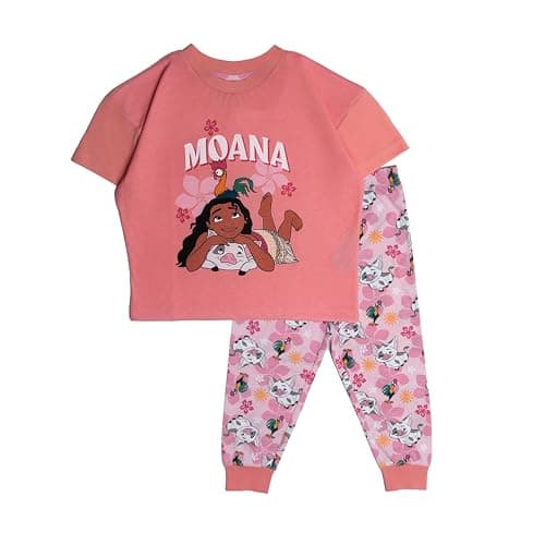 Image of Disney Girls Moana Pyjamas Pjs Nightwear Top Trousers Short Sleeve HeiHei Pua 4-5 Years Coral