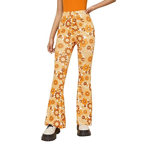 Image of Generisch Women's Casual Sports Comfortable Floral Print Flared Trousers Trousers, yellow, XXL