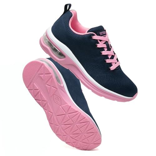 Image of Womens Trainers Outdoor Running Shoes Air Cushion Athletic Walking Shoes Ladies Sneakers Breathable Mesh Sport Shoes Lightweight Tennis Shoes Workout Casual Jogging Shoes Blue Pink