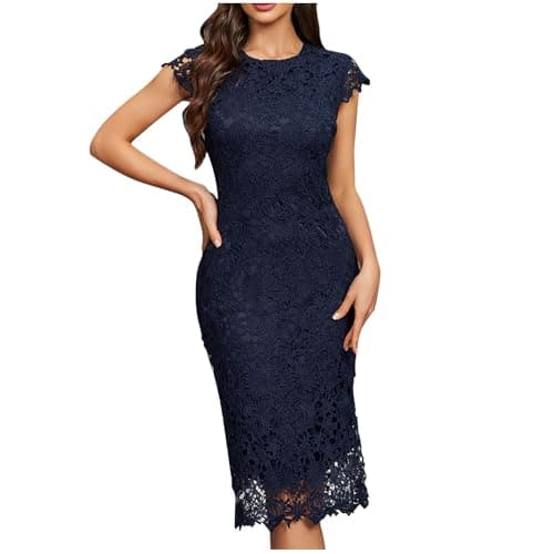 Image of Zeiayuas Cocktail Dress for Women UK Lace Floral Bridesmaid Midi Dress Short Sleeve Bandage Prom Ball Gowns Party Club Dresses Ladies Evening Dress Wedding Guest Outfits Navy