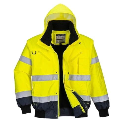 Image of Portwest C465 Hi-Vis 3-in-1 Waterproof Contrast Hooded Bomber Jacket with Pockets - Reflective Outdoor Safety Security Workwear Coat, Yellow/Navy, L