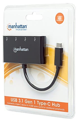 Image of Manhattan USB-C Dock/Hub, Ports (x4): USB-A (x4), 5 Gbps (USB 3.2 Gen1 aka USB 3.0), External Power Supply Not Needed, Cable 20cm, SuperSpeed USB, Black, Three Year Warranty, Blister