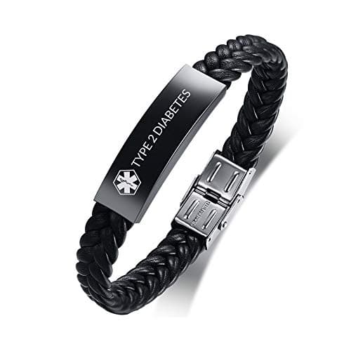 Image of PJ JEWELLERY Type 2 Diabetes - Black Stainless Steel Braided Leather Medical Alert Bracelet Customise Diabetic ID Bracelet for Men's,SOS Emergency Life Awareness Bracelet,Adjustable