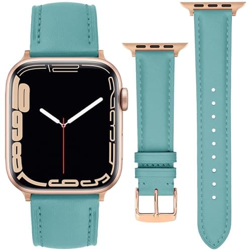Image of ONET8O Leather Strap Compatible with 38mm 40mm 41mm Apple Watch Replacement Genuine Leather Bands for iWatch Series Women and Men Watch Wristband (38mm 40mm 41mm) Lake Blue