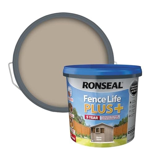 Image of Ronseal Fence Life Plus+ Warm Stone 5L, 5 Year Long Lasting Protecion, All Weather Protection, Sticks to Damp Wood, Brush or Spray on, For all Sheds and Fences also Showerproof in 1 Hour