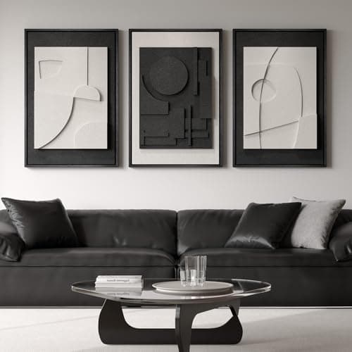 Image of Large 3D Textured Framed Black and White Abstract Wall Art, 3 Piece Modern Wall Paintings Artwork for Walls, Minimalist Black White Geometric Pictures for Living Room, Hallway, Dining Room Wall Decor