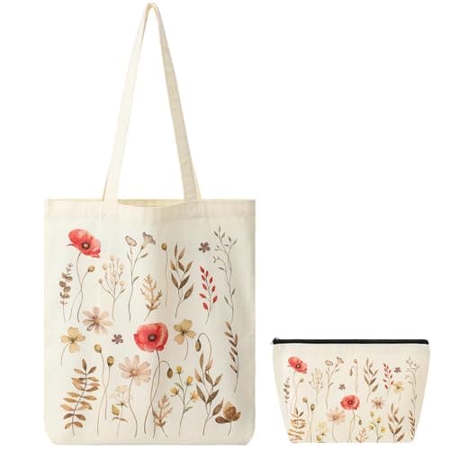 Image of ViEinkaufen Flower Canvas Tote Bag with Inner Pocket Gifts for Women Reusable Beige Washable Foldable Girls Shopping Makeup Bag Birthday Present for Her Present for Mum Auntie Teacher Friends