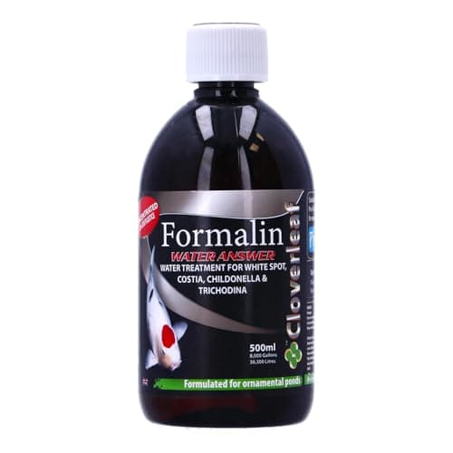Image of Cloverleaf Formalin Water Answer Pond Treatment for Koi and Ornamental Fish, Controls White Spot Costia Trichodina and Chilodonella, Double Strength Formula 250ml & 500ml (500ml)