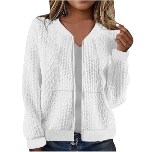 Image of Cardigan Sweaters for Women UK Full Zip Jacket Long Sleeve Sweatshirt with Pockets Cable Knit Coat Lightweight Elegant Fall Outfits Casual Pullover Bolero Ladies Jacket Coat for Daily White