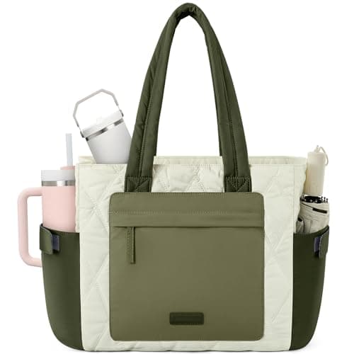 Image of RAINSMORE 15.6 Inch Puffer Laptop Tote Bag for Women Large Quilted Cloud Bag with 15 Pockets and Luggage Sleeve Lightweight Water-Resistant Work Handbag for Teacher, Travel, Gym, School Green White