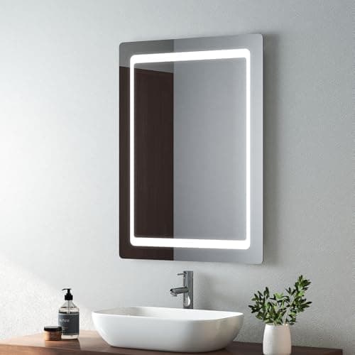 Image of EMKE 800x600mm LED Bathroom Mirror with Shaver Socket, Sensor Switch and Demister – Horizontal or Vertical Wall Mounted Illuminated Anti-fog Mirror