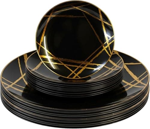 Image of Luxia 20Pcs Elegant Black & Gold Abstract 10 Dinner Plastic Plates and 10 Dessert Plates Set Durable, Reusable Plastic Plate Modern Abstract Design Tableware for Party & Event