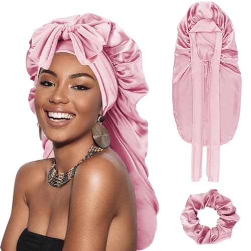 Image of DRESHOW Long Satin Braid Bonnet for Women Silk Bonnet for Sleeping Sleep Cap with Elastic Tie Band Night Cap for Long Curly Hair Locs