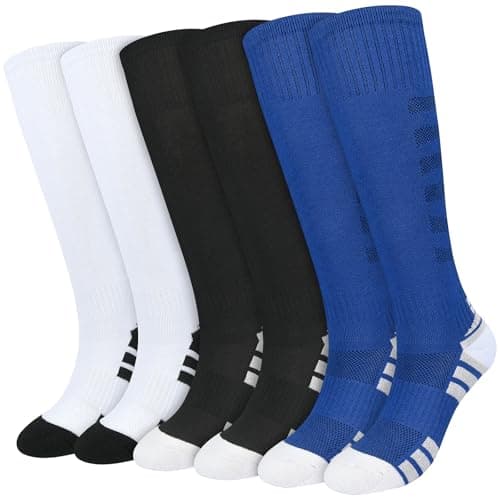 Image of Boys Girls Football Socks 3 Pairs,Kids Knee High Sports Socks with Cushioned Sole & Arch Support, Training Socks for Football, Rugby, Hockey (UK, Age, 9 Years, 12 Years, Regular, Black White Blue)