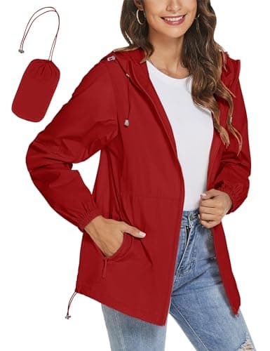 Image of iWoo Waterproof Jackets Women Raincoat Ladies Lightweight Jackets Packaway Summer Long Sleeve Hooded Rain Jackets Red M