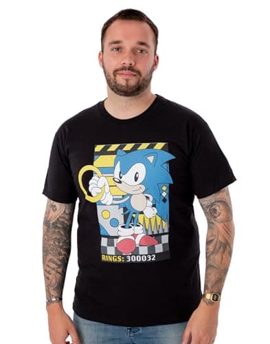 Image of Sonic The Hedgehog Men's Black Short-Sleeved T-Shirt | Classic Rings Design | Authentic Sonic Merchandise | Comfortable & Stylish for Sonic Fans