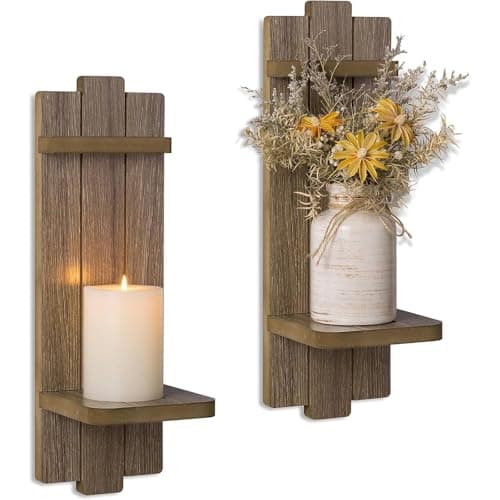 Image of Walasis Wall Candle Holders Set of 2: Wooden Candle Sconces Vingtage Wall Art Decor (Light Brown)