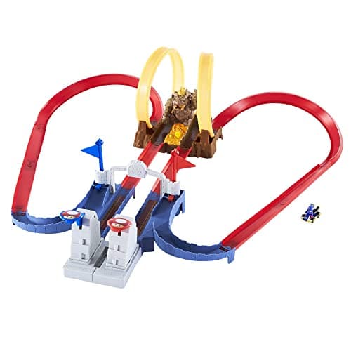 Image of Hot Wheels Mario Kart Bowser’s Castle Chaos Modular Track with Side by Side Racing Lap Flags and Bowser Figure Connects to other sets Gift idea for Ages 3 years and older