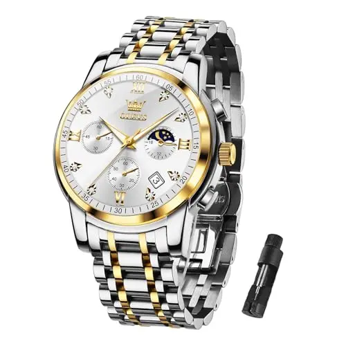 Image of OLEVS Men's Waterproof Watches Gold Silver Stainless Steel Analog Quartz Watch Multi-Function Dial with Date Luxury Chronograph Watches for Men