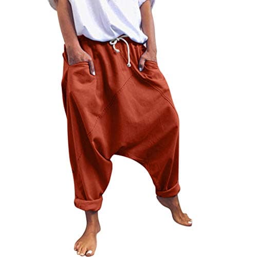 Image of Harem Trousers for Women UK Loose Fit Low Rise Drop Crotch Saggy Baggy Fisherman Trousers Aladdin Style Hippie Casual Boho Beach Yoga Pants Elasticated Drawstring Lightweight Leisure Pants Orange
