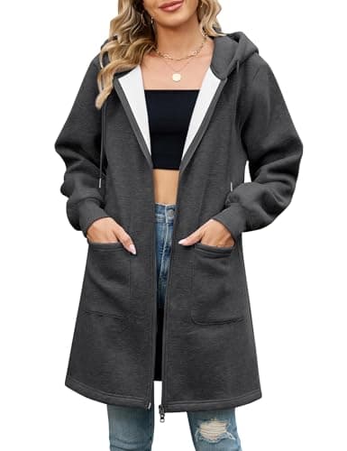 Image of Vancavoo Zip up Hoodie Women Longline Fall Jackets Ladies Fleece Sweatshirts Casual Long Sleeve Jacket Loose Hooded Coat Outwear with Pockets,Dark Grey,XL