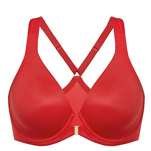 Image of Delimira Women's Front Fastening Bras Seamless Unlined Racer Back Plus Size Underwired Plunge Bra Lipstick Red 36B
