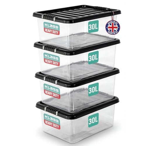 Image of KLASS 4 x 30 Litre Underbed Storage Boxes with Lids Set of 4, Clear Multipurpose Nestable Stackable Plastic Storage Box With Lid 30L Clear Containers For Home, Kitchen, Garage, Office, Accessories