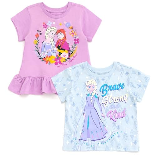 Image of Disney Flowers 2 Pack T-Shirts Baby to Big Kids Sizes (12 Months - 14-16), Frozen, Light Purple/Sky Blue, 10-12