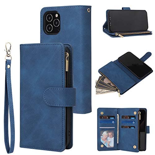 Image of UEEBAI Wallet Case for iPhone 12 Pro Max 6.7 inch, Premium Vintage PU Leather Magnetic Closure Handbag Zipper Pocket Case Kickstand Card Holder Slots with Wrist Strap TPU Shockproof Flip Cover - Blue