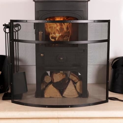 Image of CHARLES BENTLEY Fire Guard, Snug, Hornbeam, Fireguard, Iron, Contemporary, Curved Design, Black Border, Silver Mesh, Industrial Design, Powder Coated, Curved Design, Fireside, Fireplace (75x63x15cm)