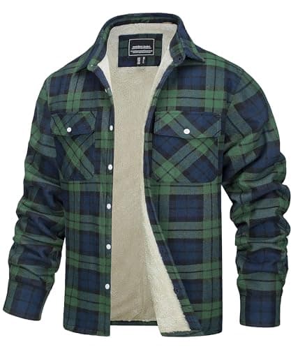Image of TACVASEN Men's Winter Jakcets Fleece Lined Checked Jacket Flannel Work Shirts Autumn Lumber Shirt Jacket Casual Cargo Jacket Green M