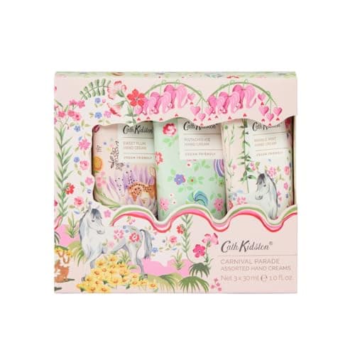 Image of Cath Kidston Hand Cream Trio 3 x 30 ml, Scented and Infused With Essential Oils, Shea Butter, Pocket and Travel Size and Vegan and Cruelty Friendly, Beauty Gift For Her, Carnival Parade Collection