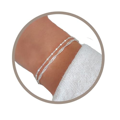 Image of Annika Bella Double Stranded Sterling Silver Bracelet for Women, Dainty Waterproof Chain Bracelet for Women, Teen (Twirl & Satellite Chains)