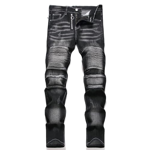 Image of XIMXIMMTIAN Men's Biker Moto Washed Distressed Slim Fit Straight Jeans Denim, 2166 Black, 38