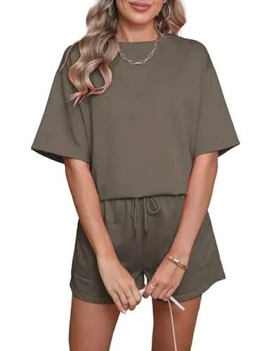 Image of Famulily Lounge Wear Set for Women UK 2 Piece Summer Outfits Plain Short Sleeve Loose Track Suit with Drawstring Coffee L