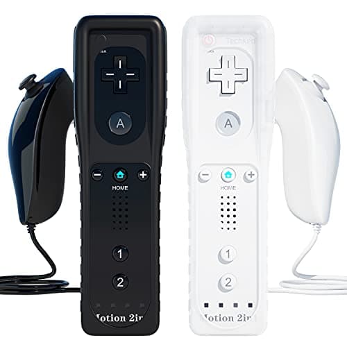 Image of TechKen Pack of 2 controllers for Wii, remote for Wii Motion Plus and Nunchuk remote control for Wii with silicone case wrist strap
