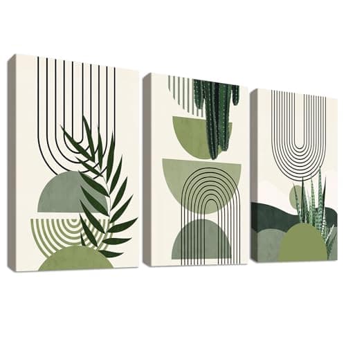 Image of 3 Pcs Wooden Framed Canvas Wall Art Set Bohemian Sage Green Canvas Prints Poster Geometric Line Beige Green Pictures for Living Room Bedroom Dinning Room Hallway Stairs Wall Decor 50x70cm x3pcs
