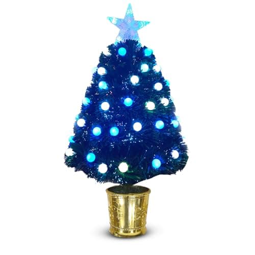 Image of Home Republic Fibre Optic LED Christmas Tree with Star Topper Pre-Lit Artificial Xmas Tree Colour Changing Lights Easy Assembly, Realistic Green Branches, Indoor - 90cms (3ft)