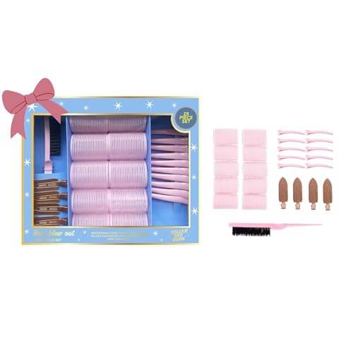 Image of Holler And Glow Limited Edition Best Blowout Tools Set, Velcro Rollers, No Crease Hair Clips, Slick Brush, For Lift & Volume, Damage Free Styling, Suitable for All Hair Types, 25 Piece Gift Set