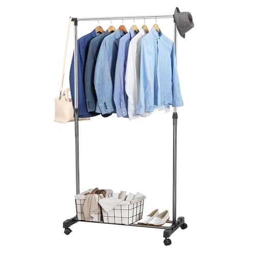 Image of M.J COMFY-LIFE Clothes Rail with Wheels Extendable Clothes Rack Small Portable Clothing Rail for Bedroom Hanging Rail Adjustable Dress Coat Rack Tidy with Storage Stand (Black, Single rail)